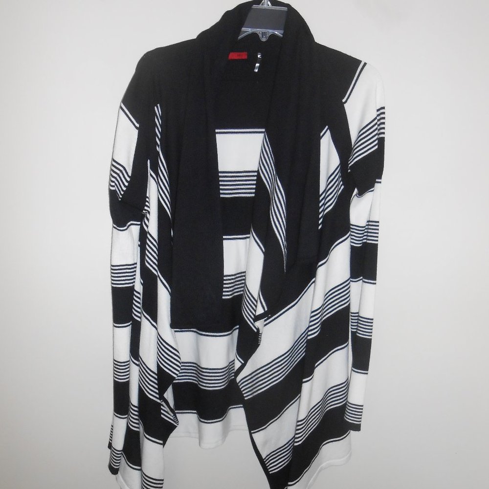 Red size large black and white stripped sweater.